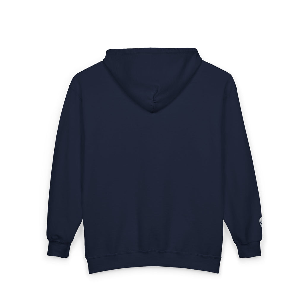 Skull Patch Zip Hoodie — Small Chest & Sleeve Graphic Full-Zip Sweatshirt