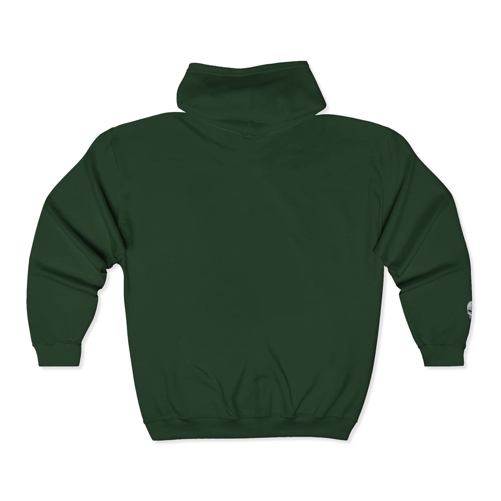 Skull Patch Zip Hoodie — Small Chest & Sleeve Graphic Full-Zip Sweatshirt