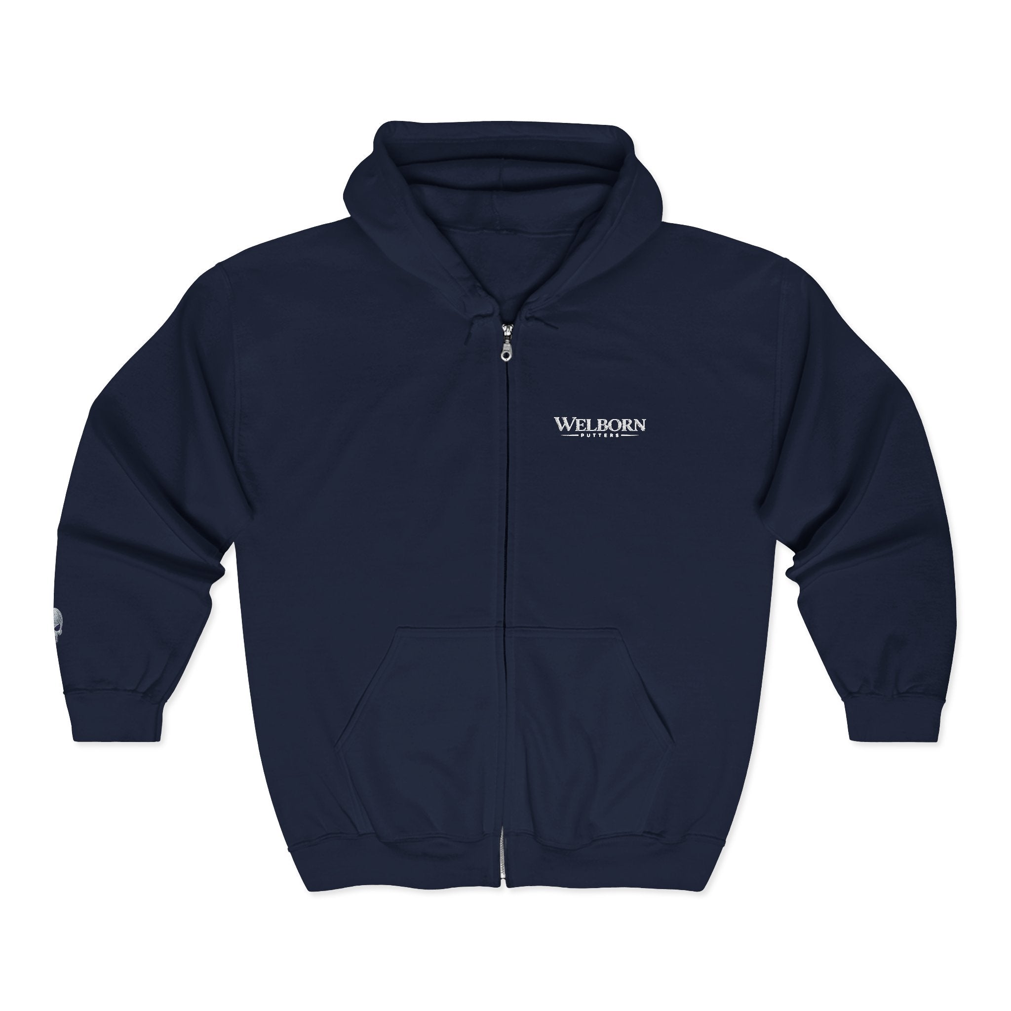 Skull Patch Zip Hoodie — Small Chest & Sleeve Graphic Full-Zip Sweatshirt