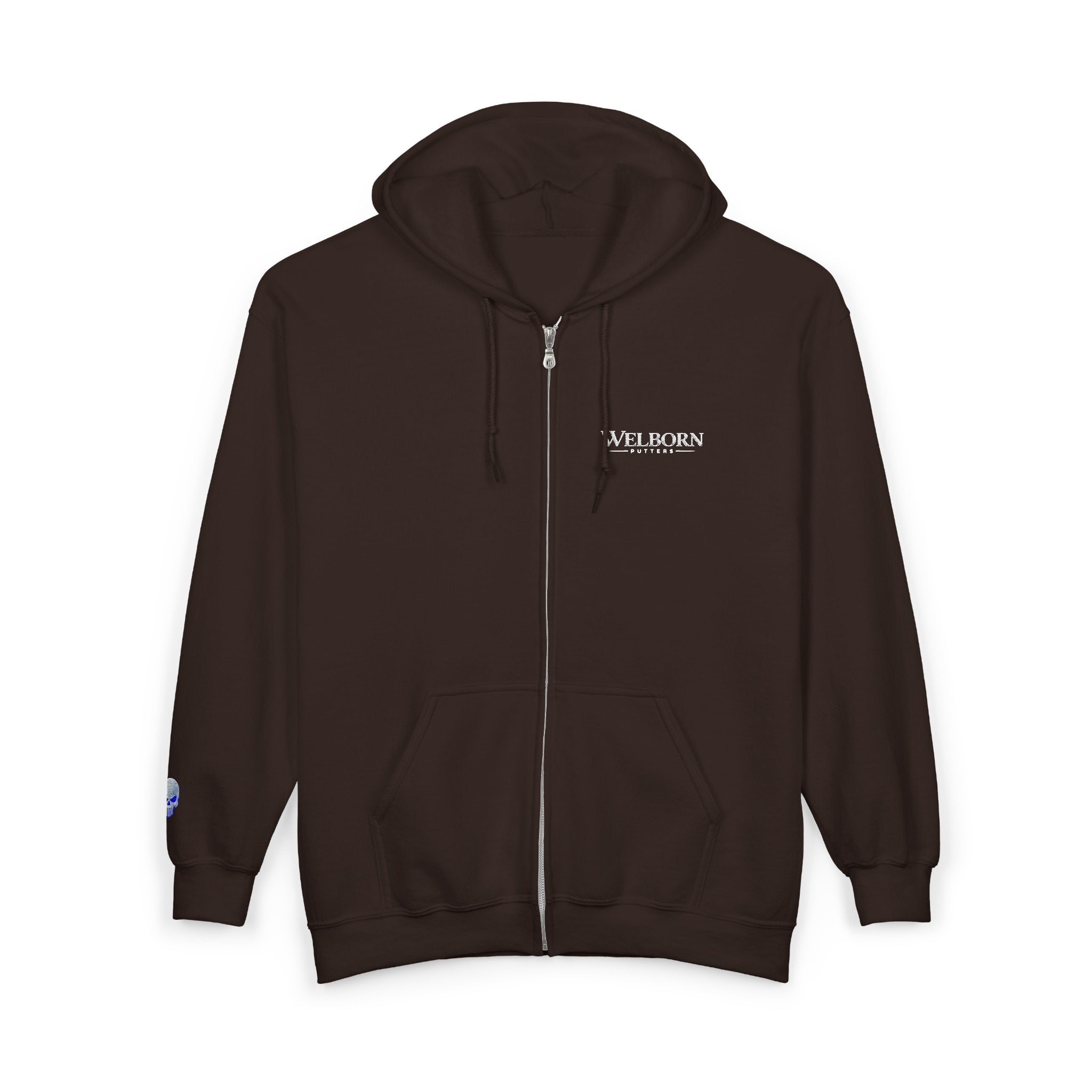 Skull Patch Zip Hoodie — Small Chest & Sleeve Graphic Full-Zip Sweatshirt