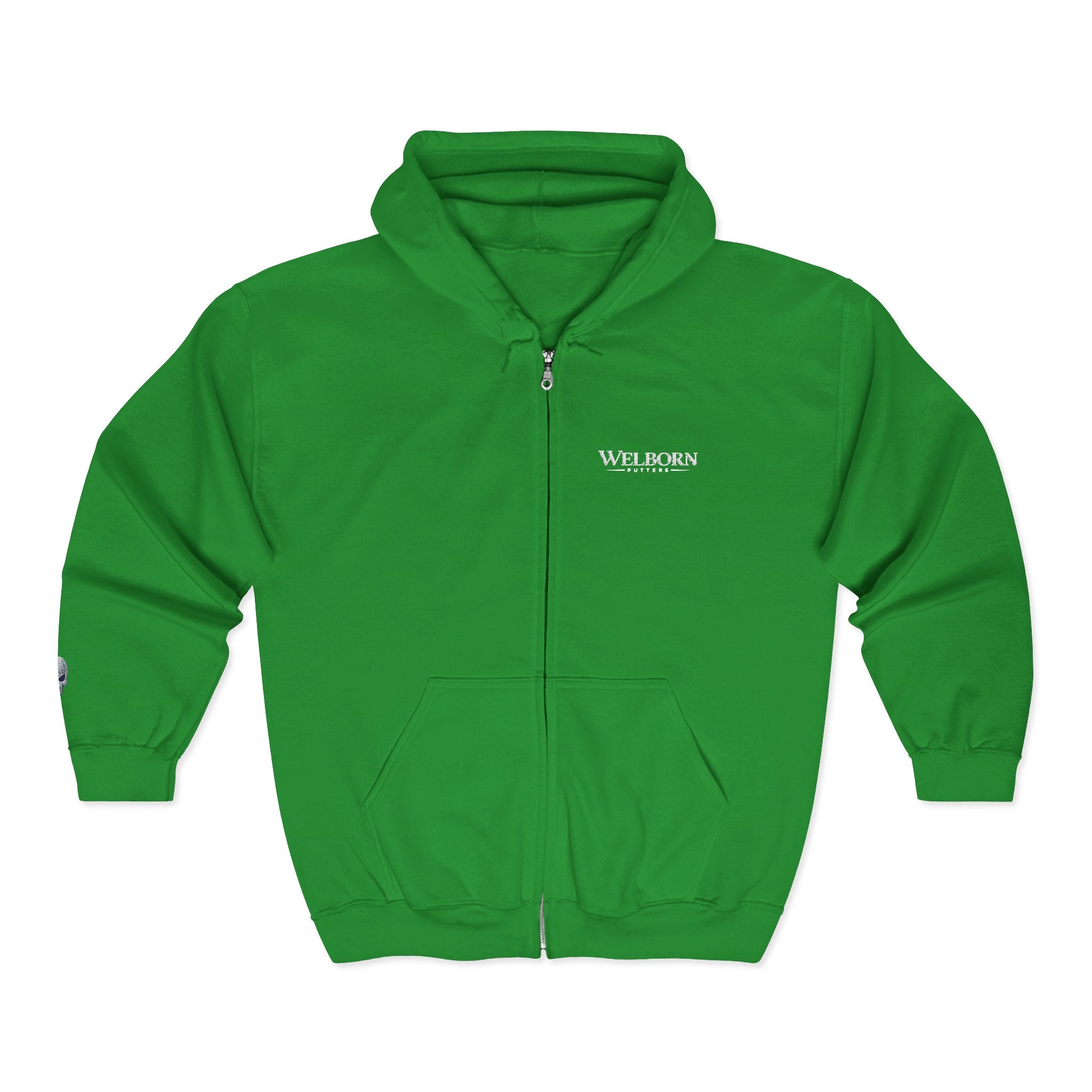 Skull Patch Zip Hoodie — Small Chest & Sleeve Graphic Full-Zip Sweatshirt