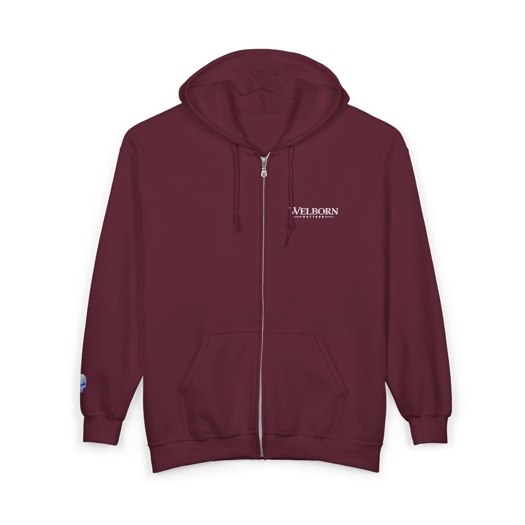 Skull Patch Zip Hoodie — Small Chest & Sleeve Graphic Full-Zip Sweatshirt