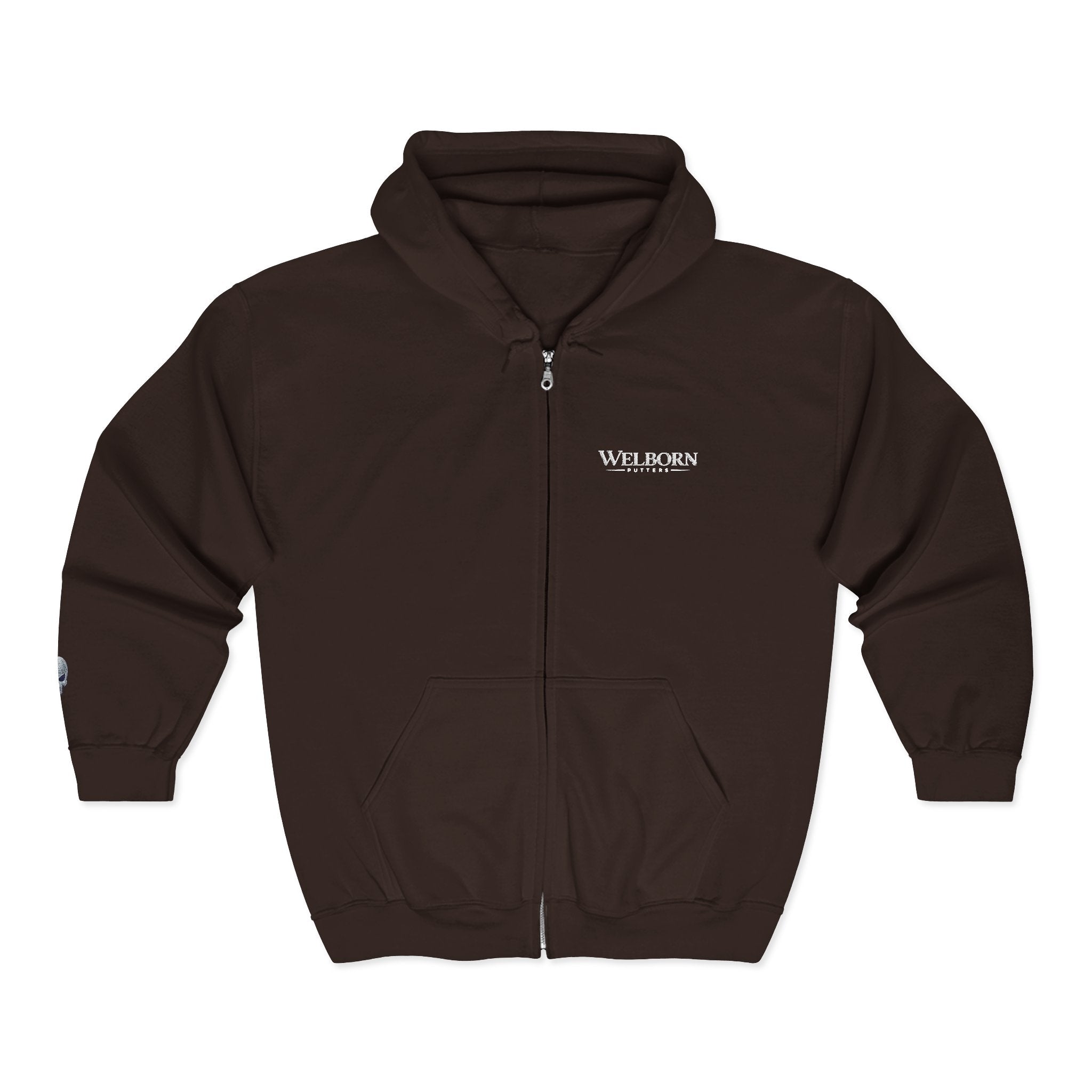 Skull Patch Zip Hoodie — Small Chest & Sleeve Graphic Full-Zip Sweatshirt