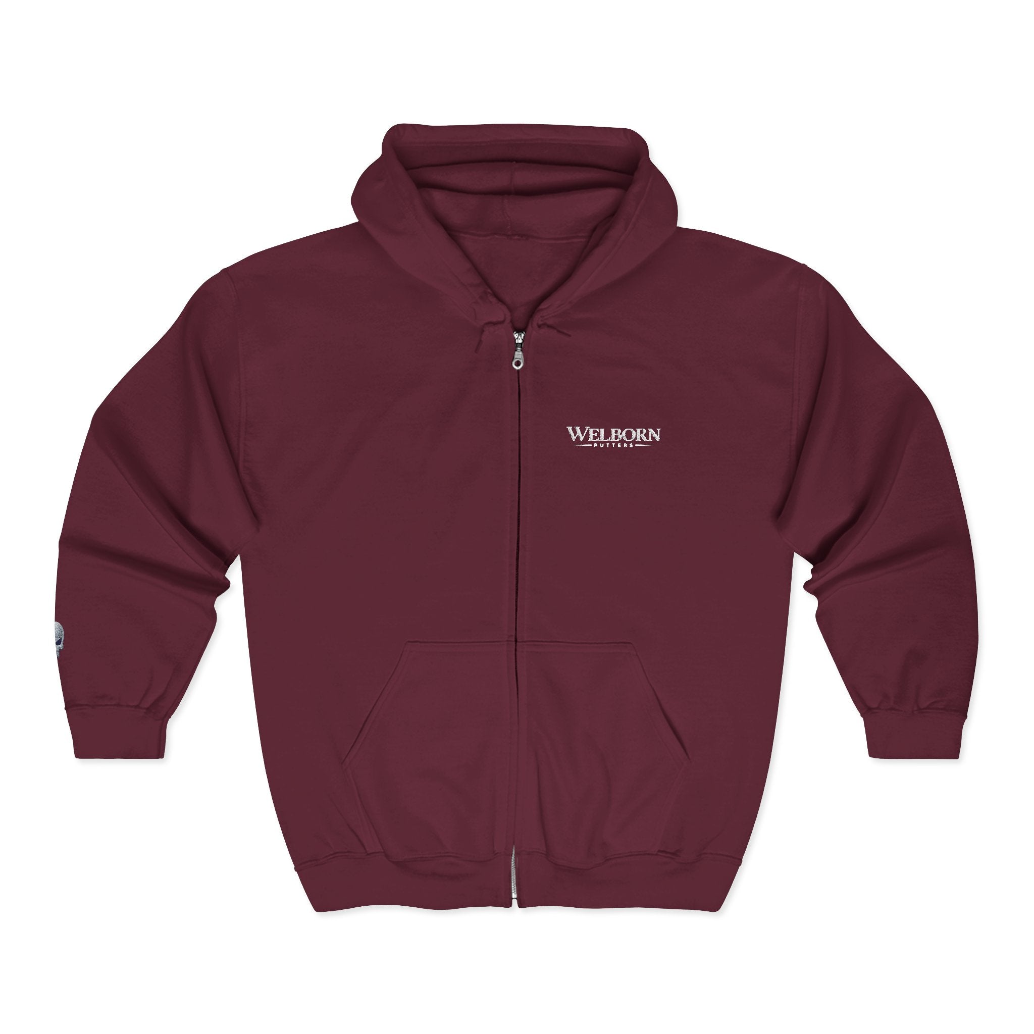 Skull Patch Zip Hoodie — Small Chest & Sleeve Graphic Full-Zip Sweatshirt