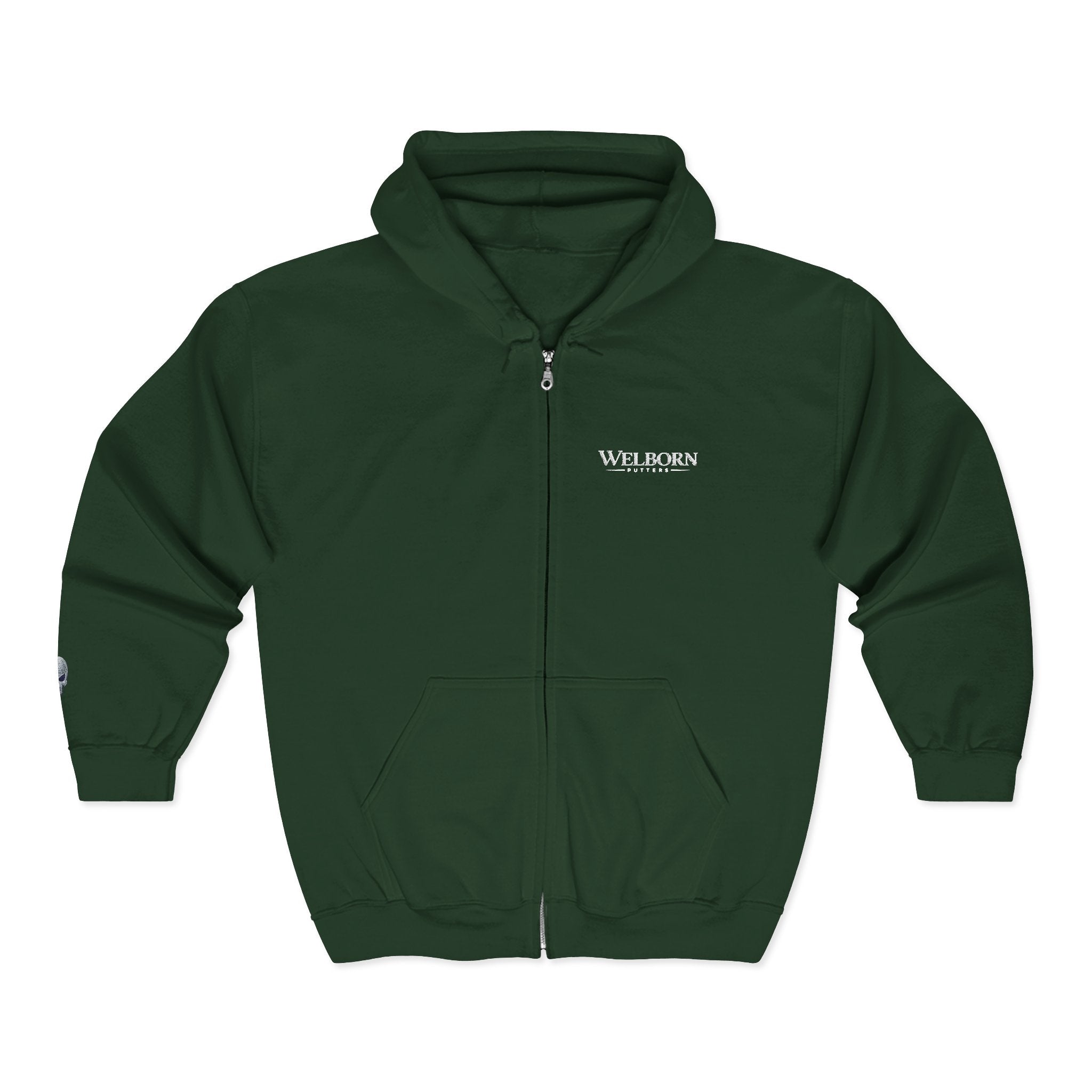 Skull Patch Zip Hoodie — Small Chest & Sleeve Graphic Full-Zip Sweatshirt
