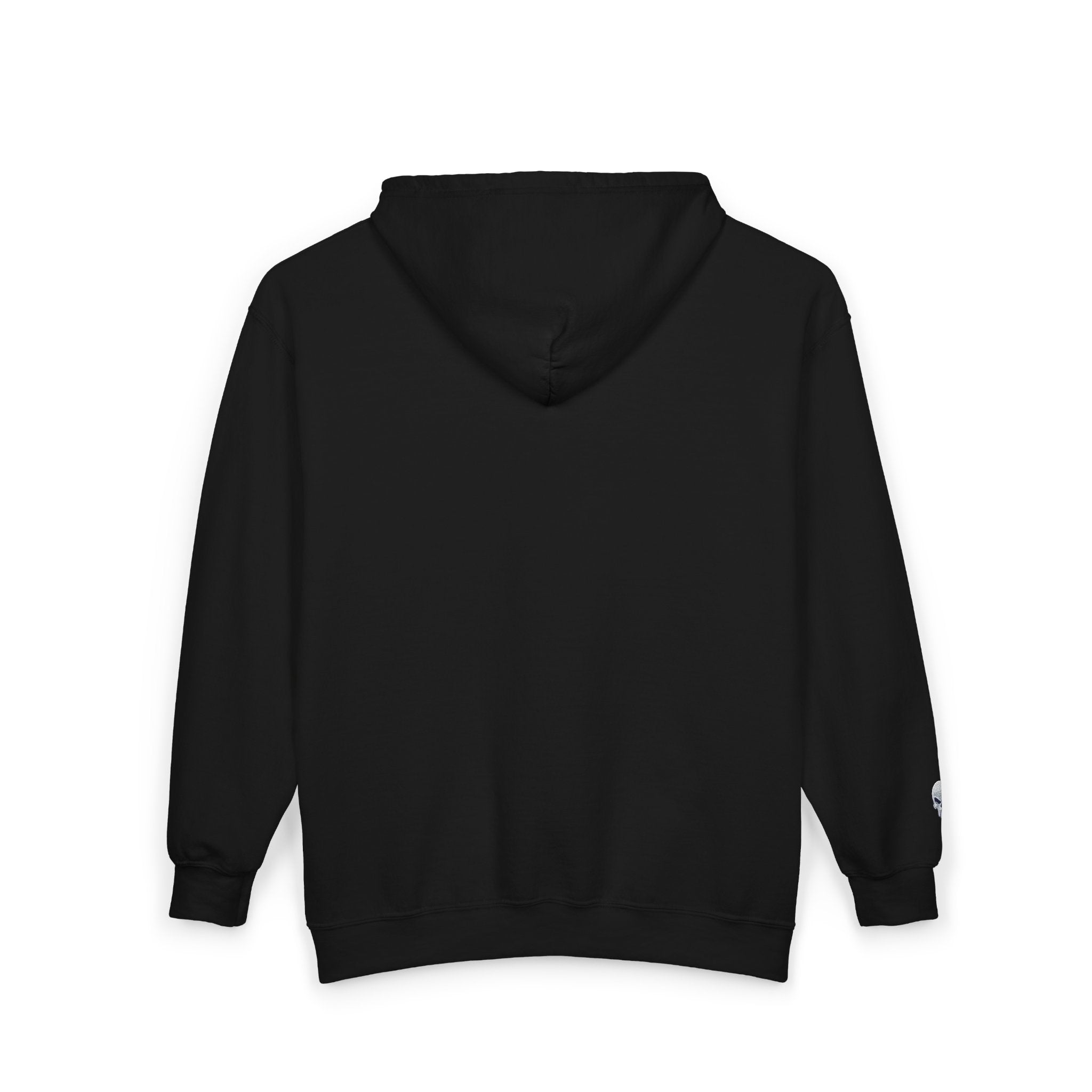 Skull Patch Zip Hoodie — Small Chest & Sleeve Graphic Full-Zip Sweatshirt