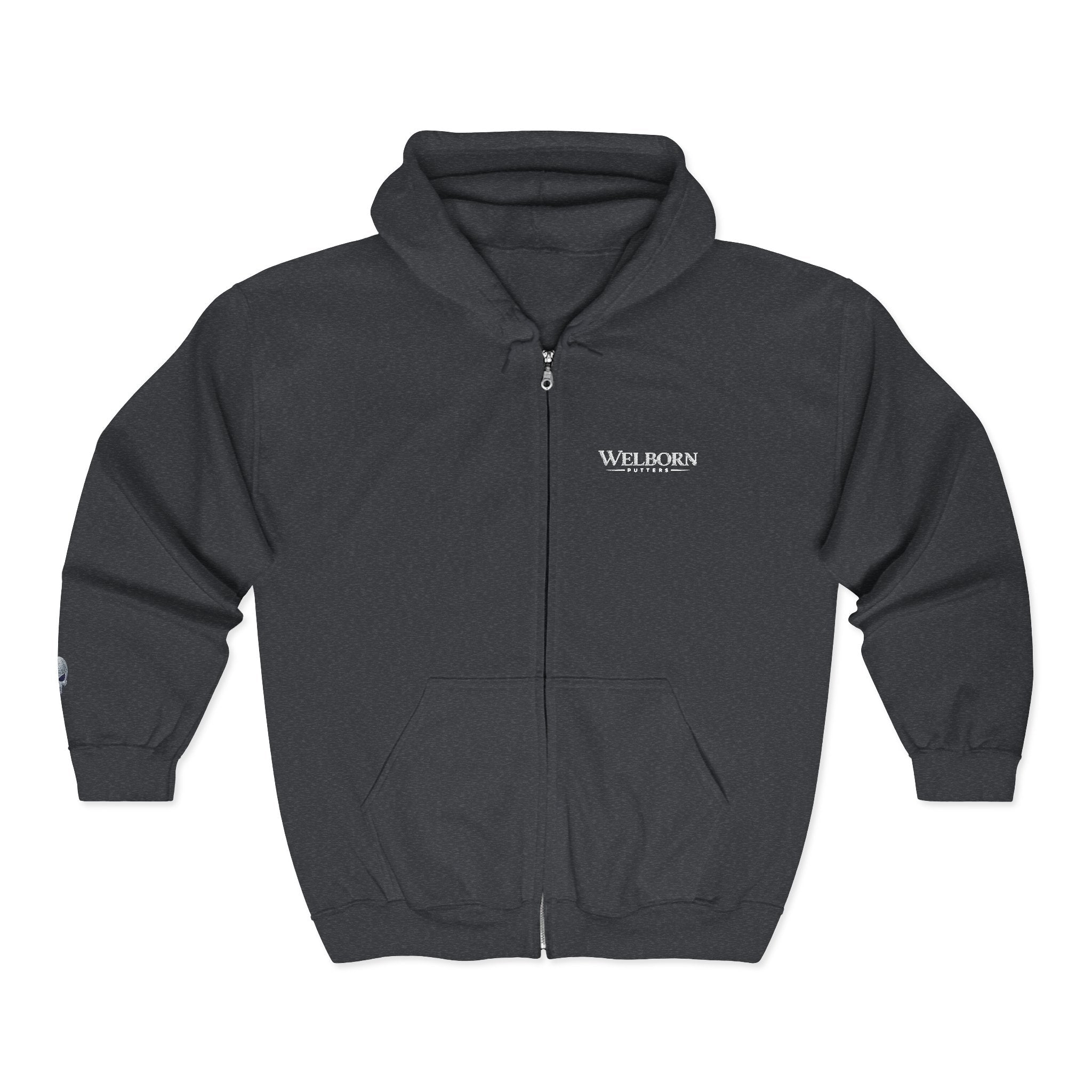 Skull Patch Zip Hoodie — Small Chest & Sleeve Graphic Full-Zip Sweatshirt