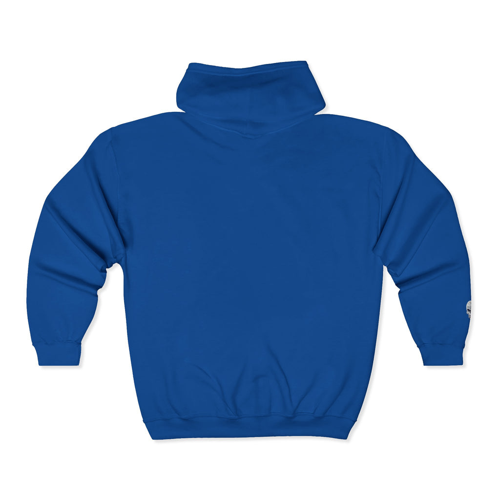 Skull Patch Zip Hoodie — Small Chest & Sleeve Graphic Full-Zip Sweatshirt