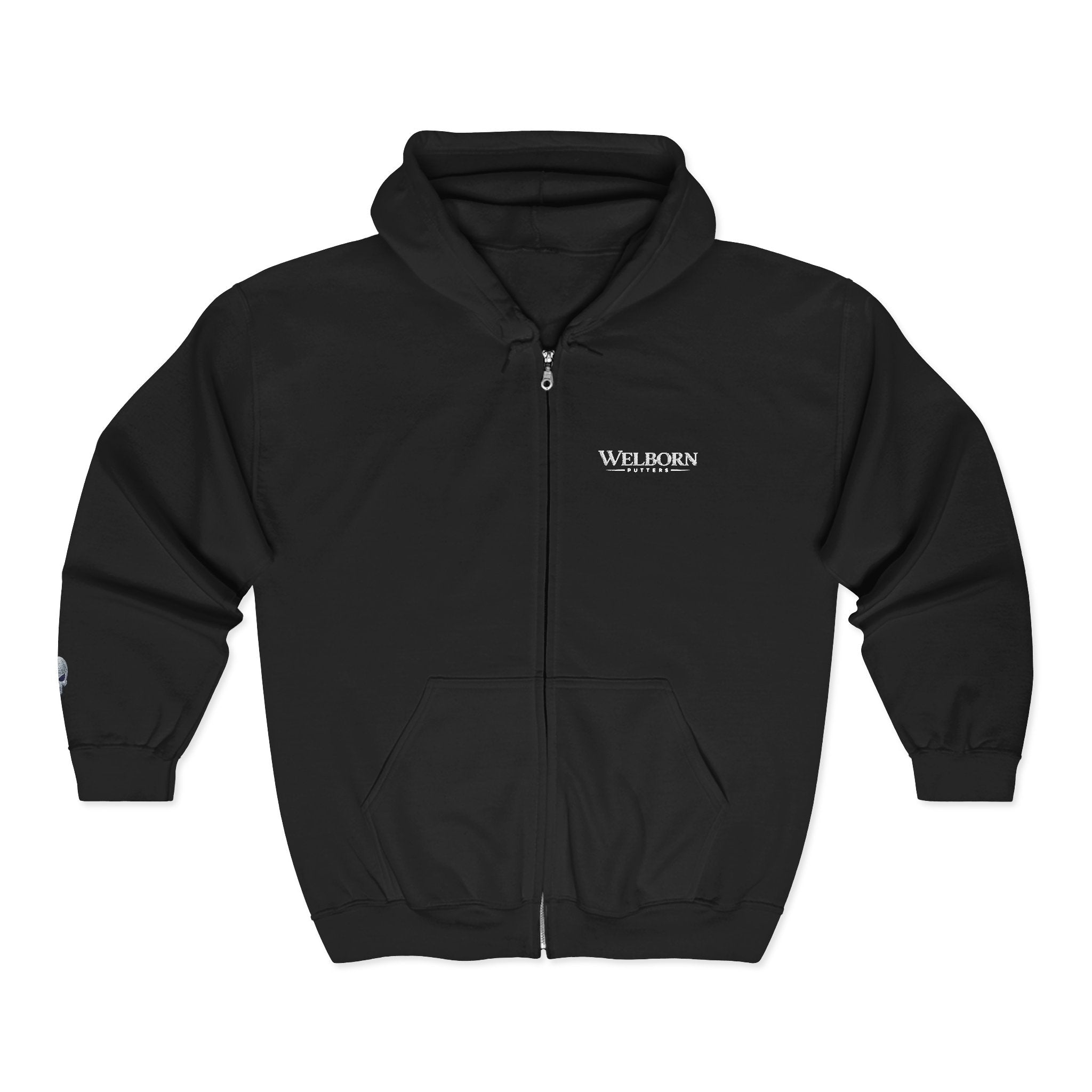 Skull Patch Zip Hoodie — Small Chest & Sleeve Graphic Full-Zip Sweatshirt