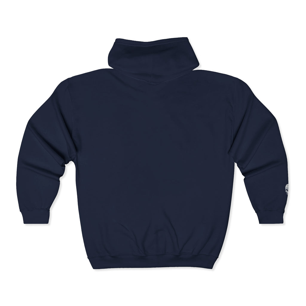 Skull Patch Zip Hoodie — Small Chest & Sleeve Graphic Full-Zip Sweatshirt