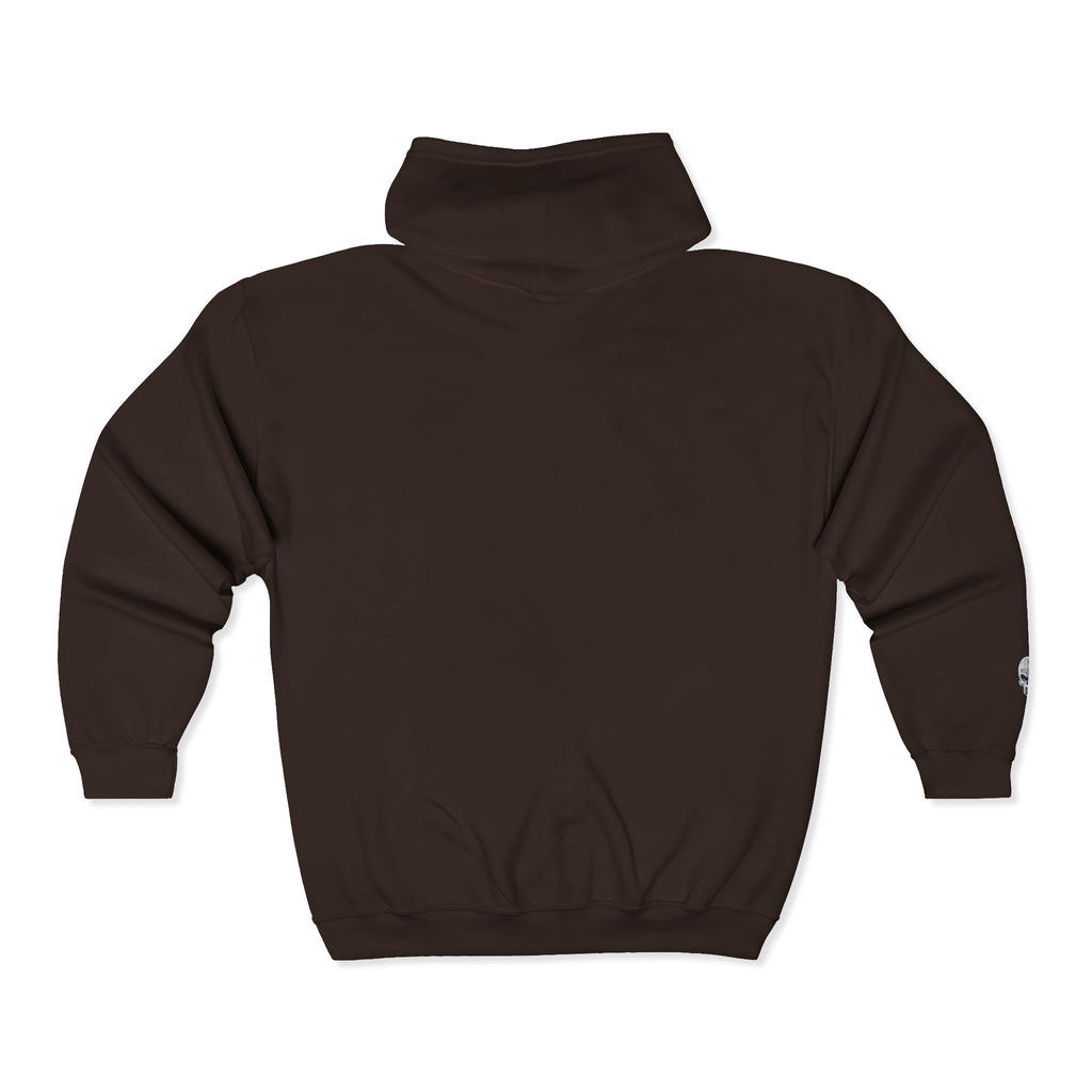 Skull Patch Zip Hoodie — Small Chest & Sleeve Graphic Full-Zip Sweatshirt