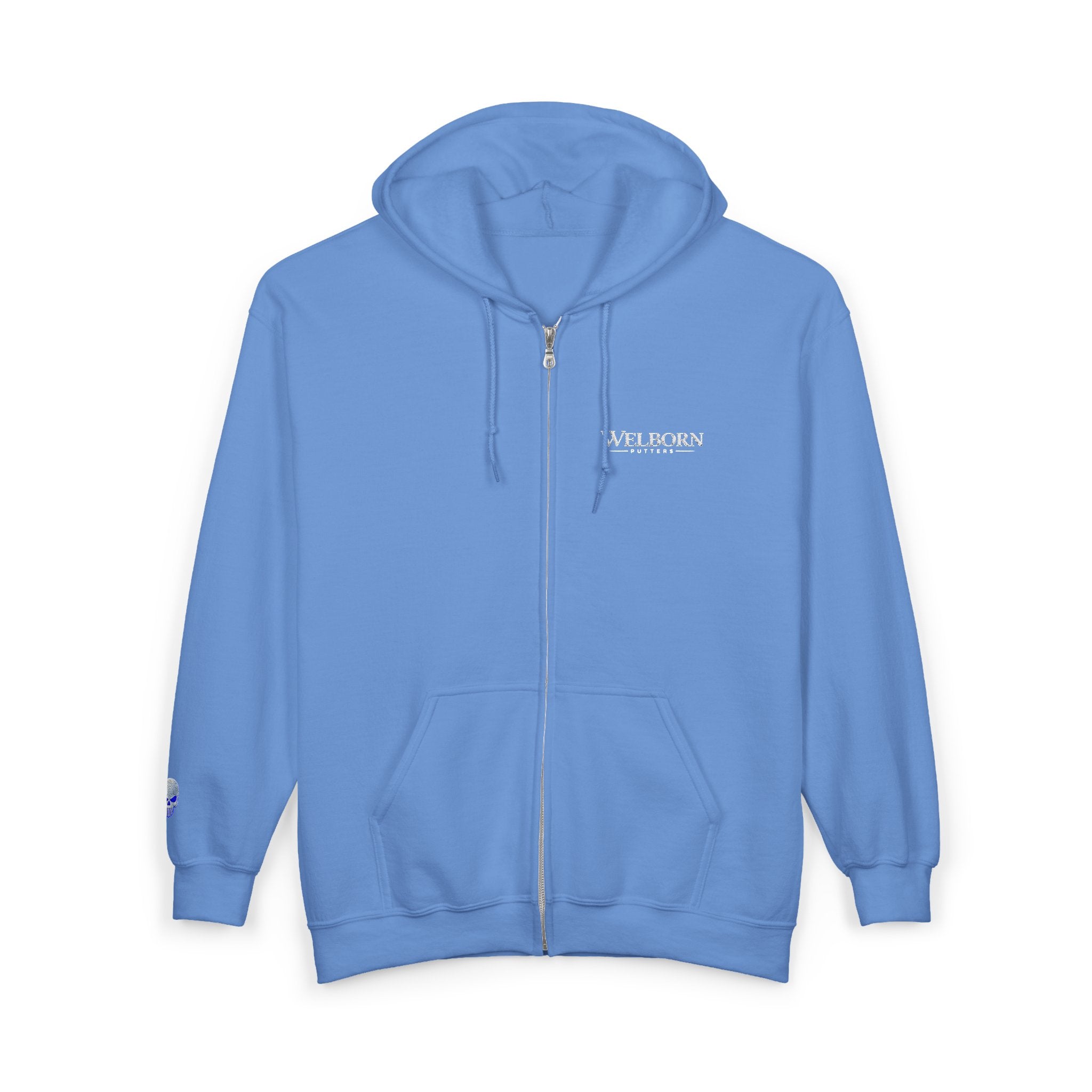 Skull Patch Zip Hoodie — Small Chest & Sleeve Graphic Full-Zip Sweatshirt