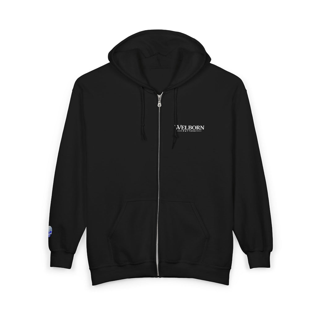 Skull Patch Zip Hoodie — Small Chest & Sleeve Graphic Full-Zip Sweatshirt
