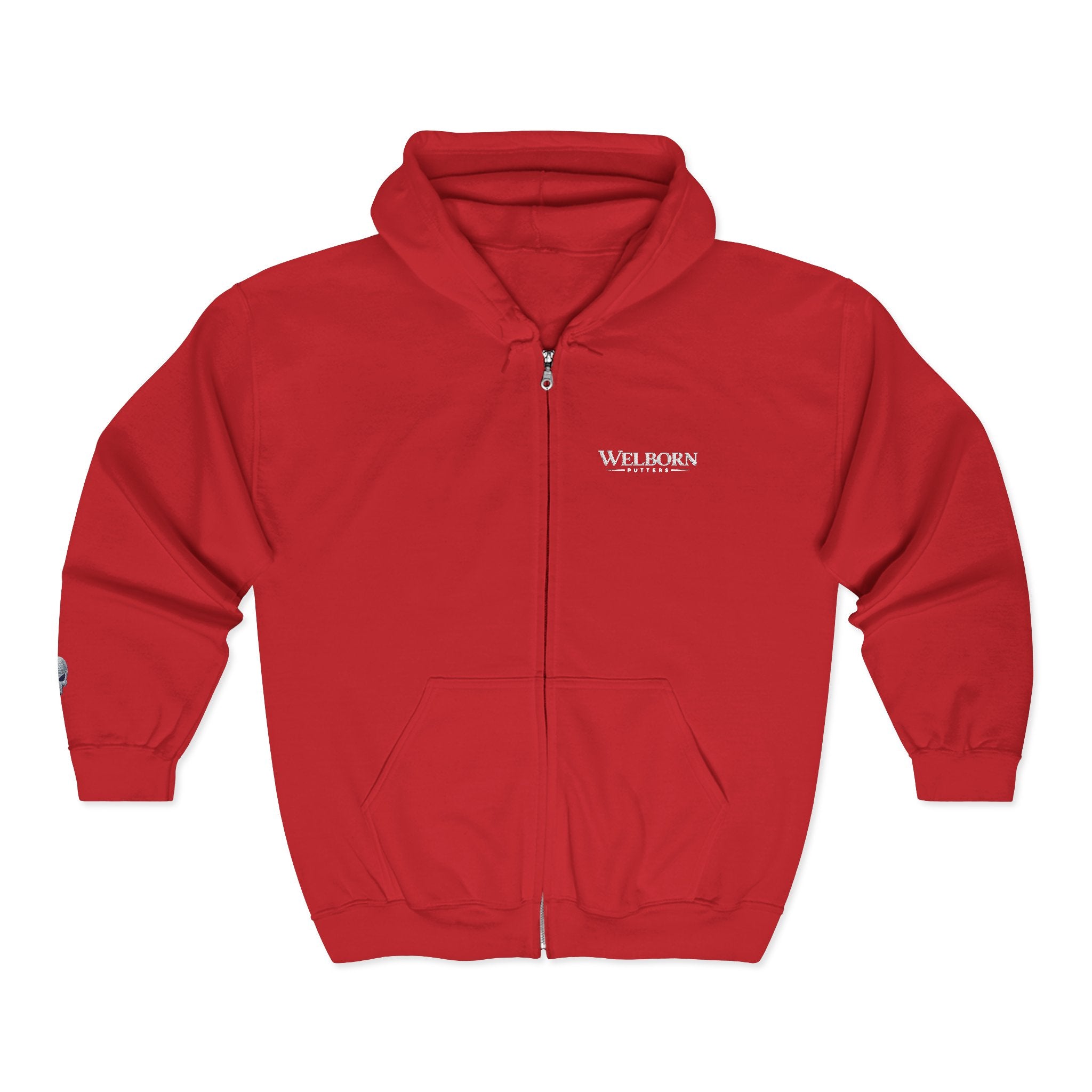 Skull Patch Zip Hoodie — Small Chest & Sleeve Graphic Full-Zip Sweatshirt