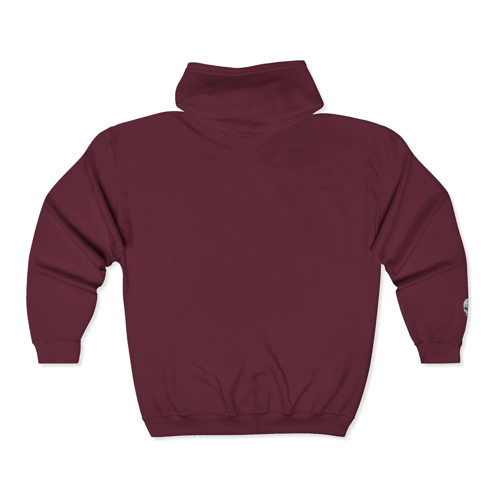 Skull Patch Zip Hoodie — Small Chest & Sleeve Graphic Full-Zip Sweatshirt