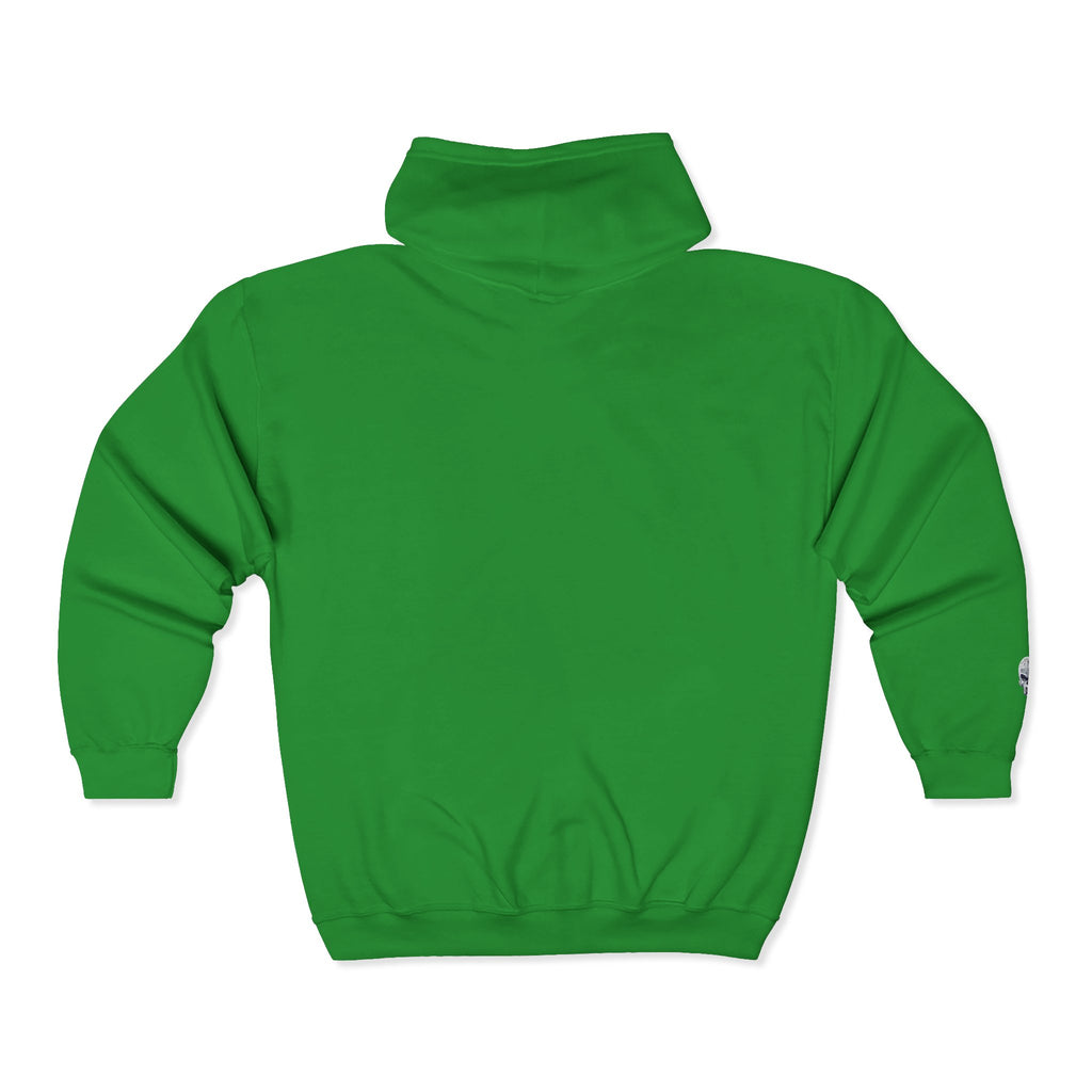 Skull Patch Zip Hoodie — Small Chest & Sleeve Graphic Full-Zip Sweatshirt