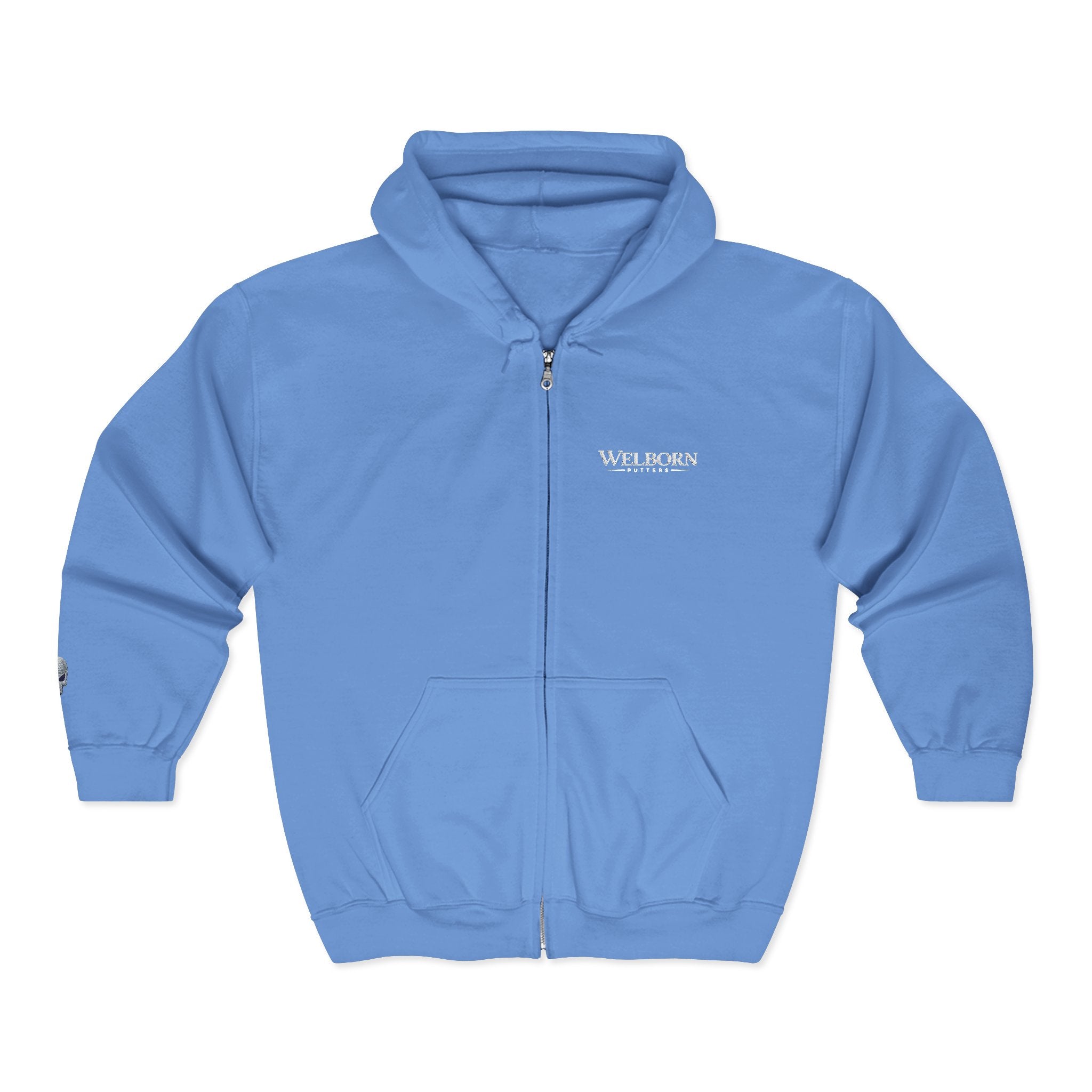 Skull Patch Zip Hoodie — Small Chest & Sleeve Graphic Full-Zip Sweatshirt