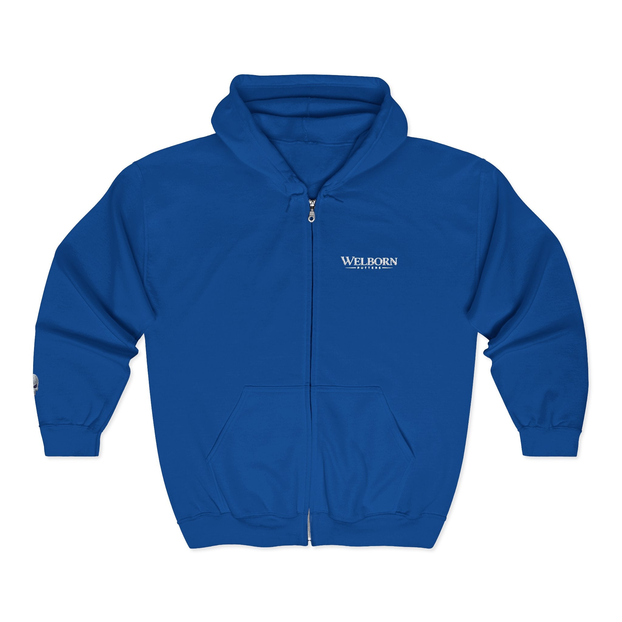 Skull Patch Zip Hoodie — Small Chest & Sleeve Graphic Full-Zip Sweatshirt