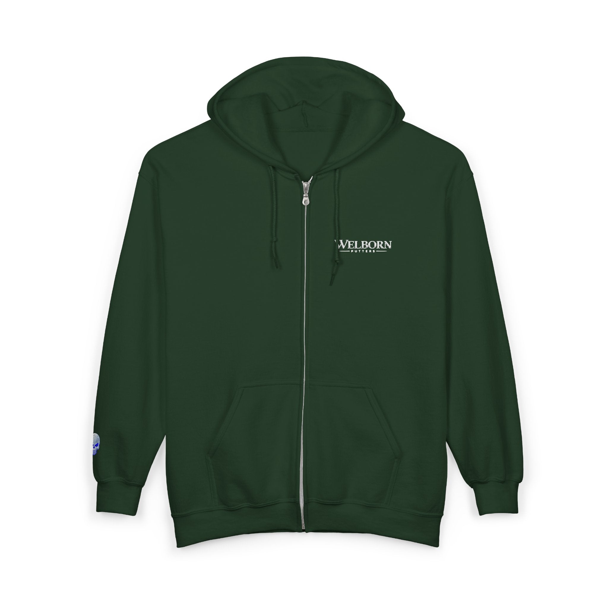 Skull Patch Zip Hoodie — Small Chest & Sleeve Graphic Full-Zip Sweatshirt
